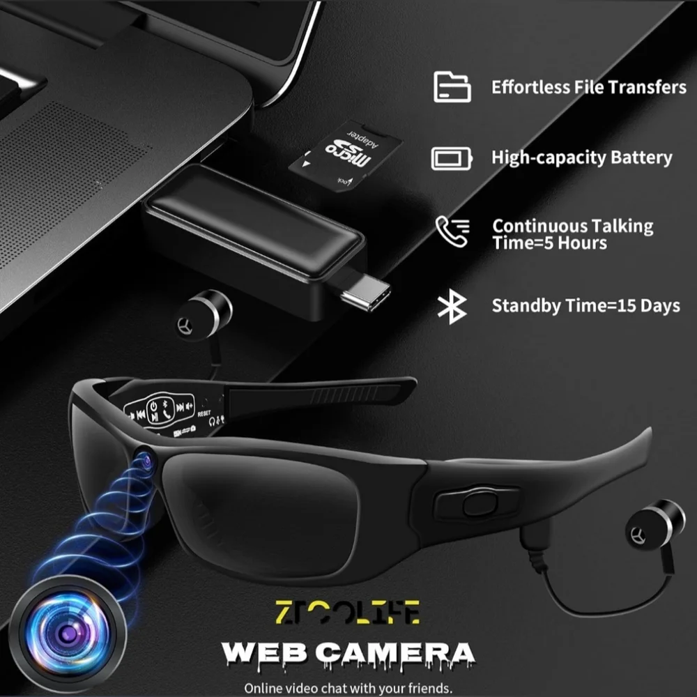 Video Glasses with Bluetooth, HD 1080P Video Glasses with Polarized UV400 Lens